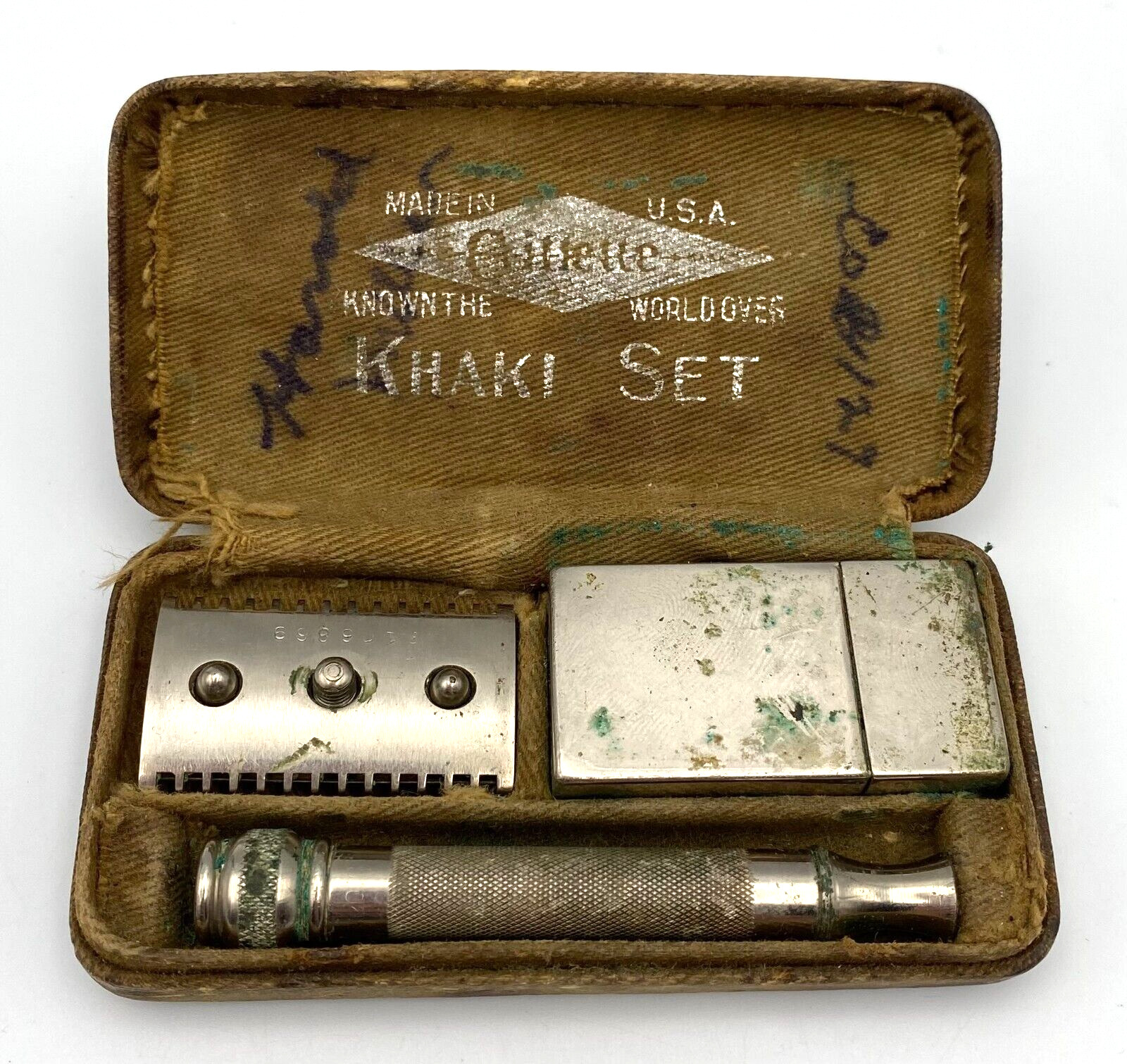 Antique Authentic WWI US Military Gillette Khaki Shaving Kit 2nd Battalion