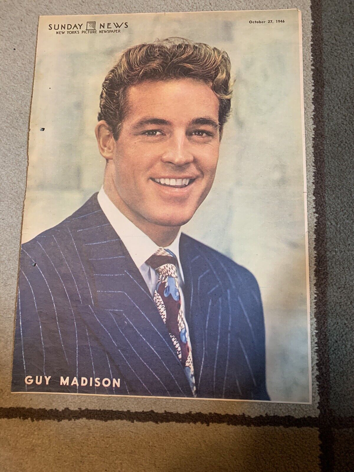 GUY MADISON Original Color Portrait SUNDAY NEWS 10/27/46 OLD HOLLYWOOD RARE