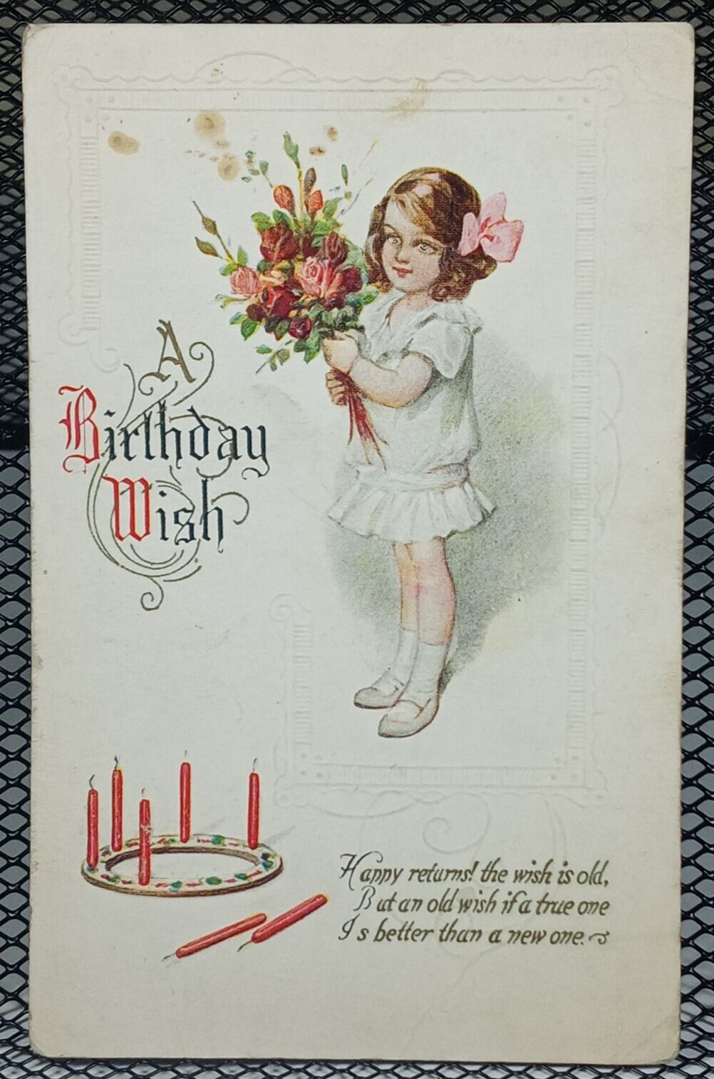 c.1900\'s Child Face Birthday Wish Bouquet Flowers Poem Embossed Antique Postcard