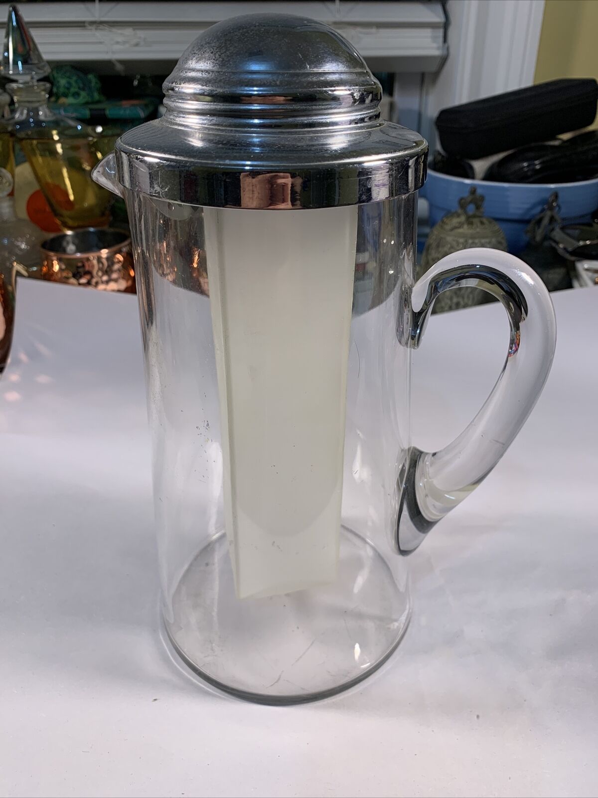 Large Vtg 1950’s Gilley Chill-It Pitcher Glass Design -  Ice Cube Tube 11” Tall