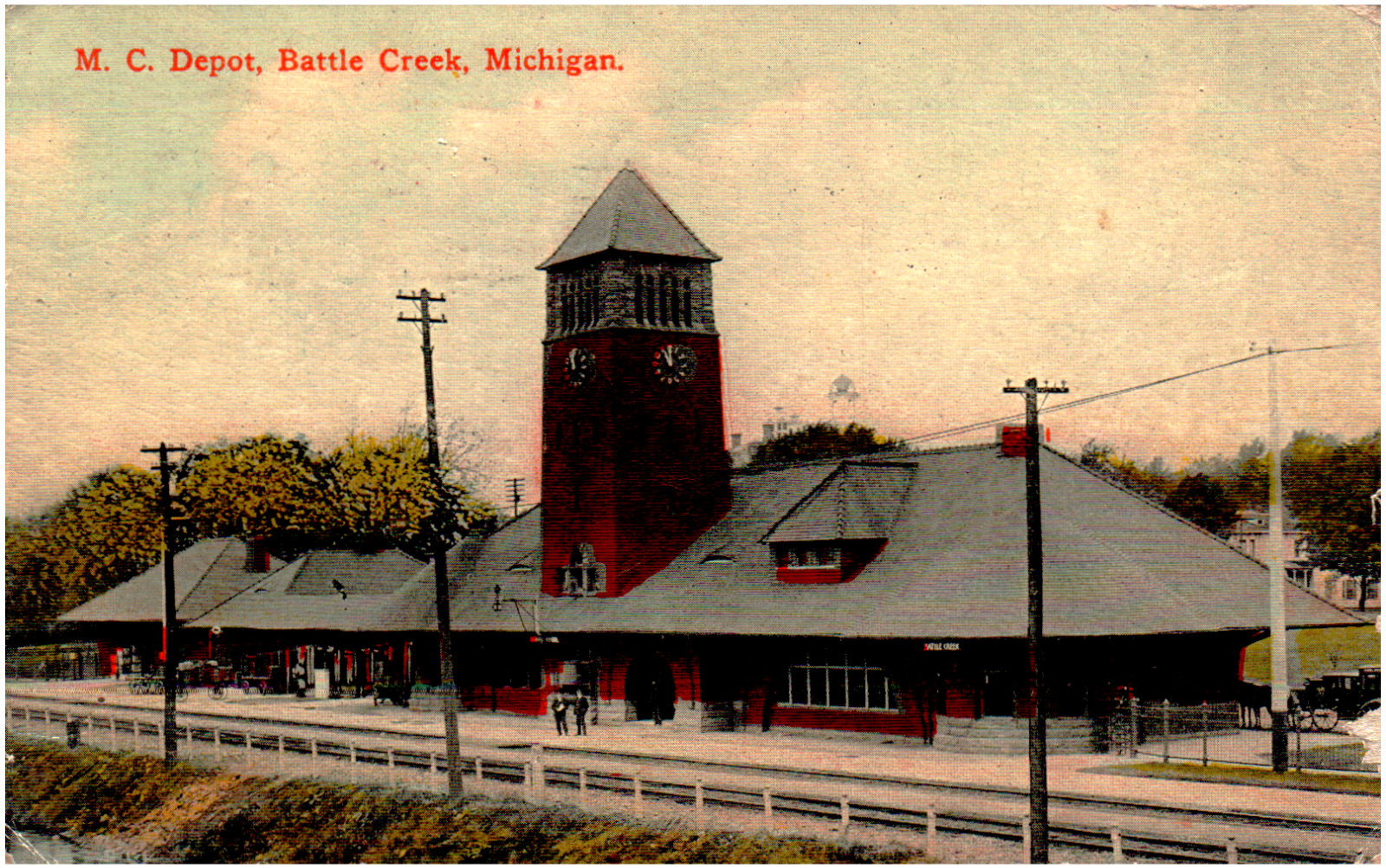 Postcard 1911 Michigan Central Railroad Train Depot Battle Creek, MI