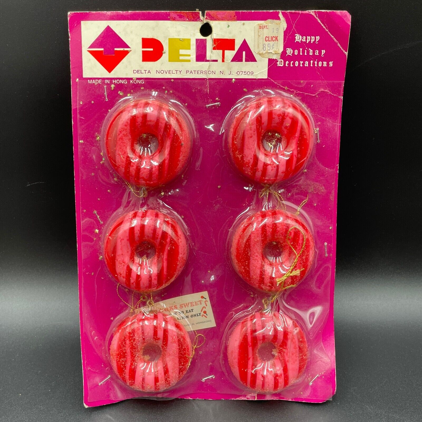 6 VTG Sugared Pink Donut Christmas Ornaments Delta Novelty Co Hong Kong NOS