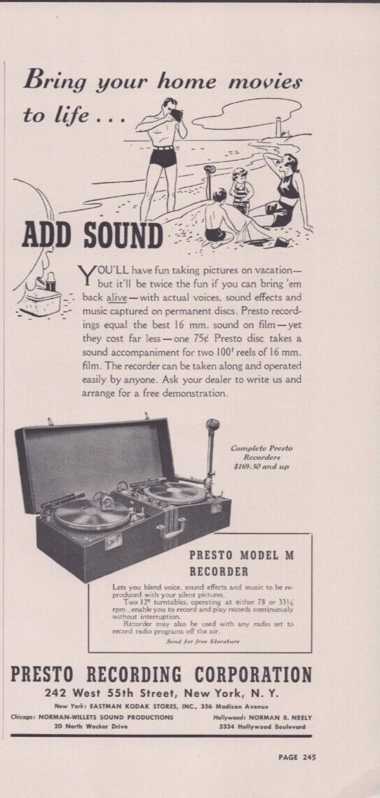 1939 Print Ad Presto Recording Company Add sound Bring Your Home Movies to Life