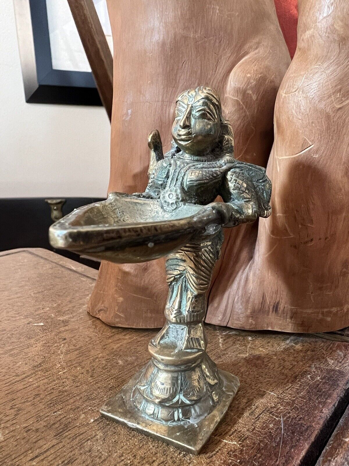 Antique Original Brass Hindu Goddess Deep Laxmi Hand Carved Oil Lamp US Seller