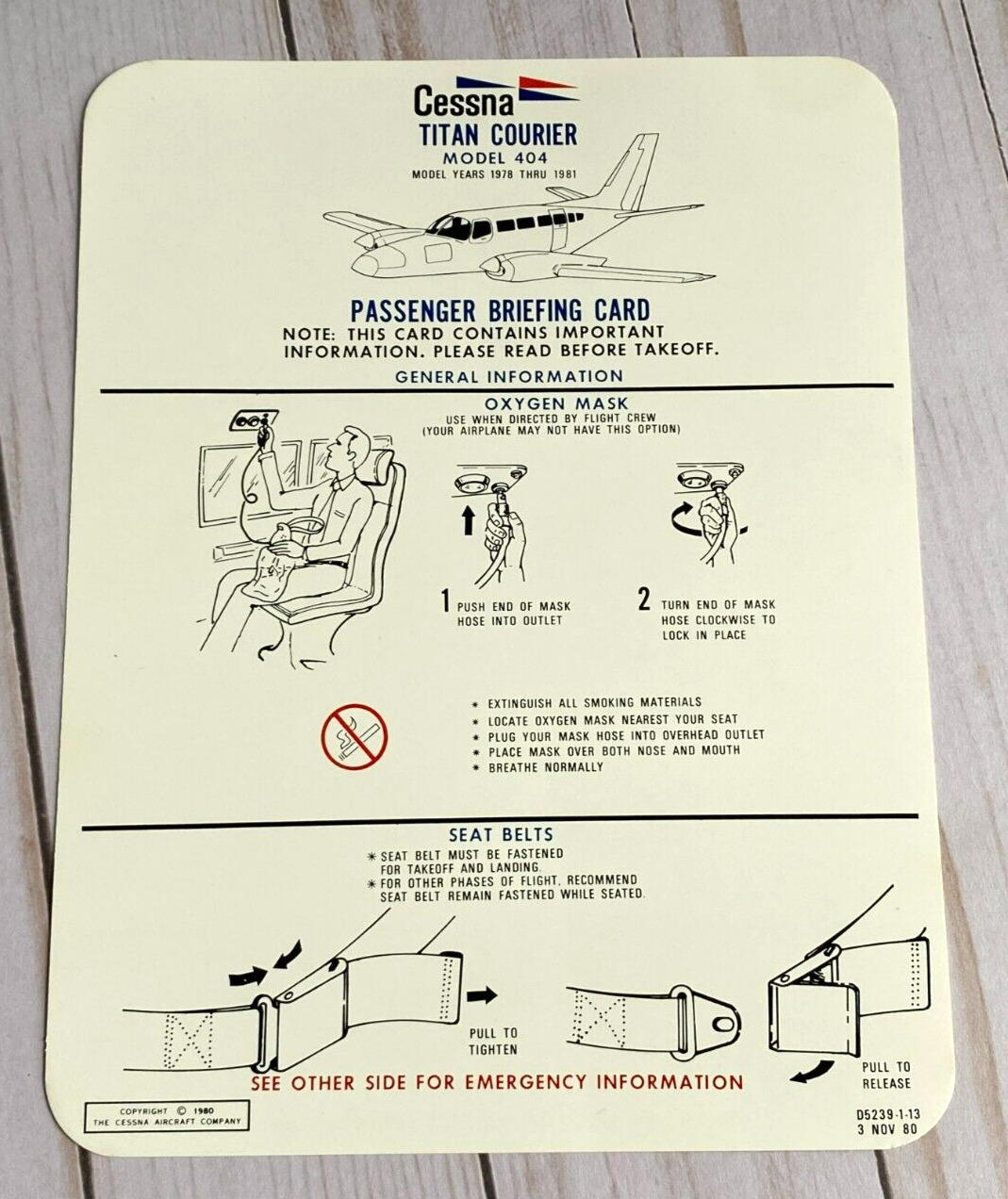 Cessna Titan Courier Model 404 Safety Card - 11/80