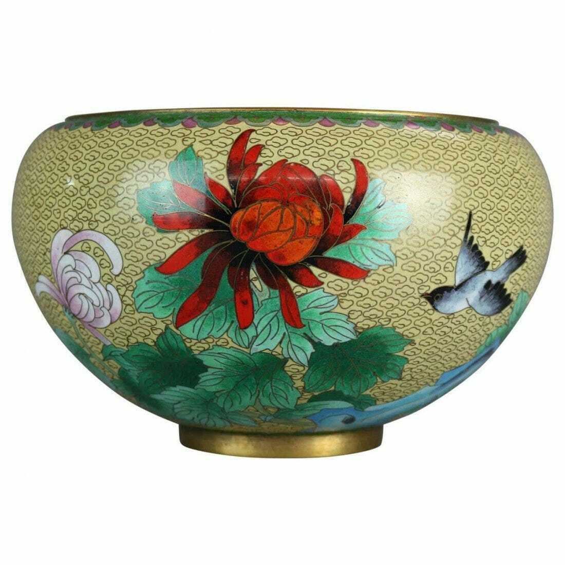 ANTIQUE CHINESE FLORAL & BIRD DECORATED CLOISONNE ENAMELED BOWL