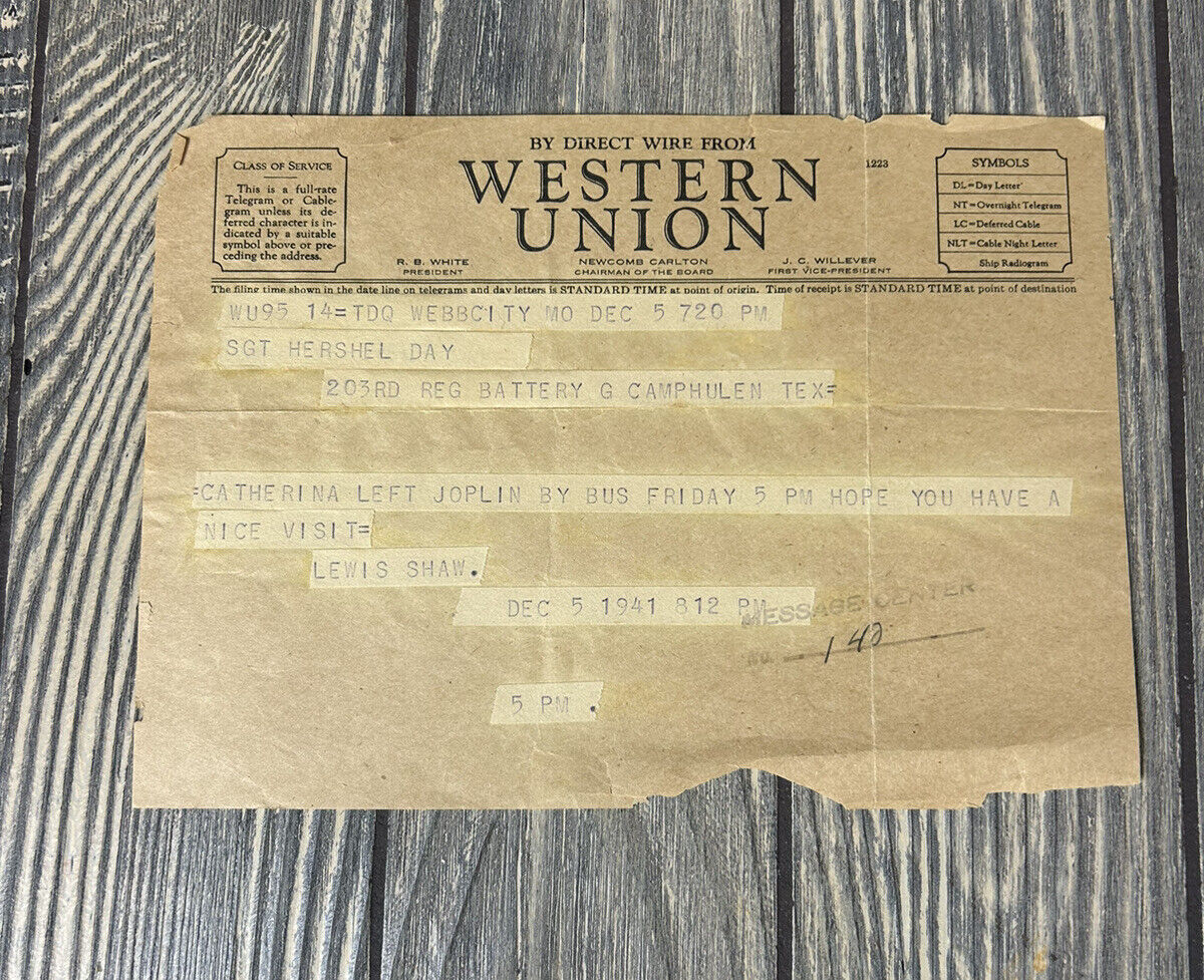 Vintage 1941 Western Union Sgt Hershel Day Telegram Message
