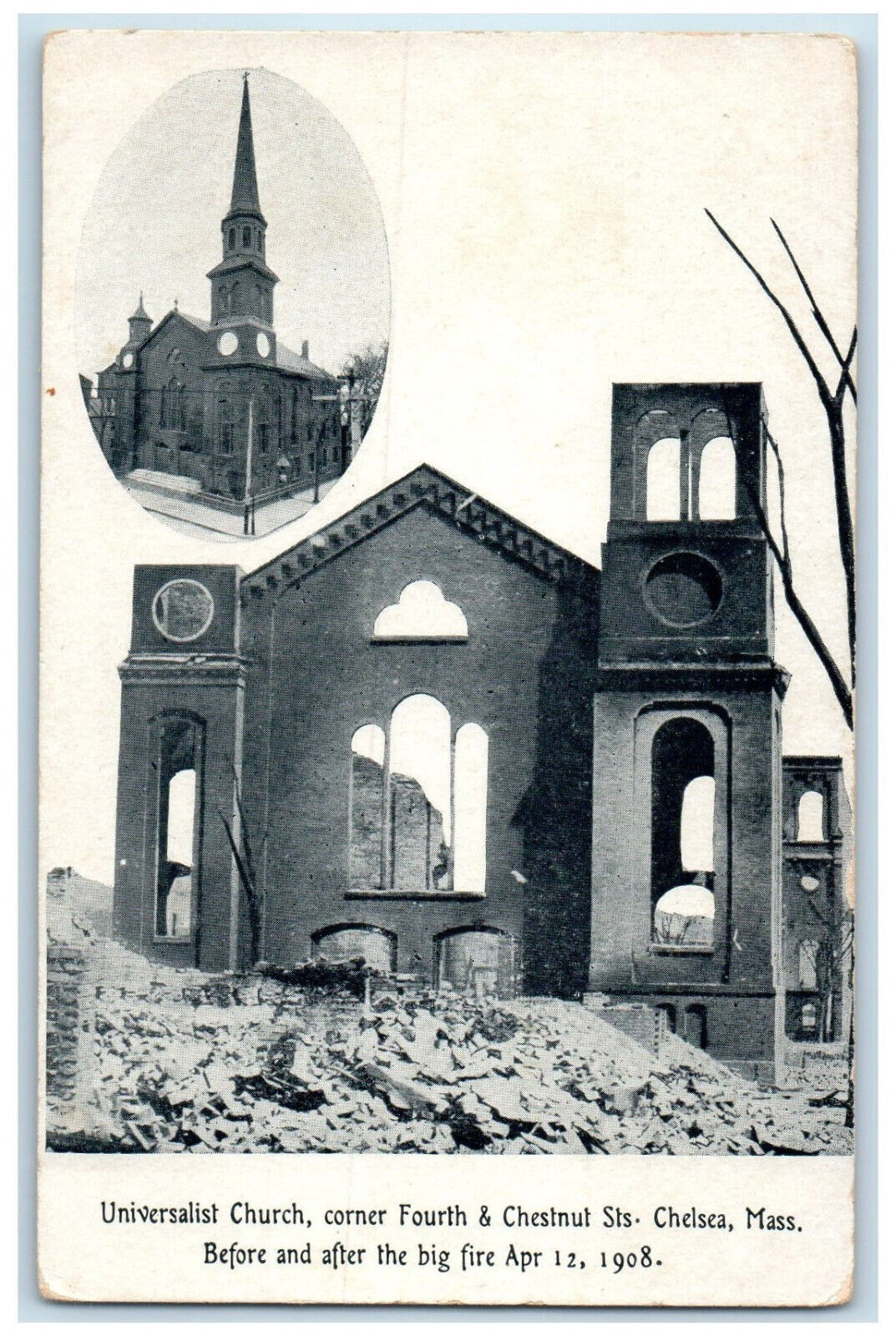 1908 Universalist Church Before and After Big Fire Chelsea MA Postcard