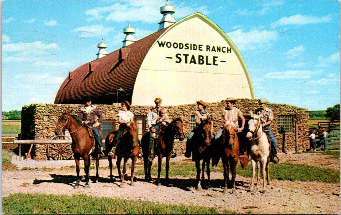 1960, COWBOYS, Woodside Ranch Stable, MAUSTON, Wisconsin Chrome Postcard