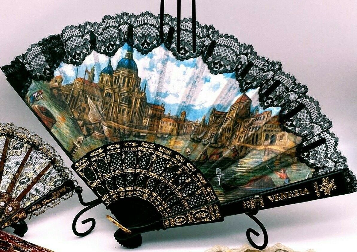 Luxurious Vintage Fabric Hand Held Folding Fan from around the World Venice