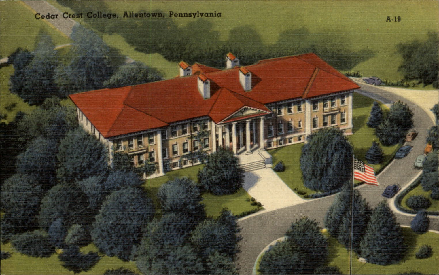 Allentown Pennsylvania Cedar Crest College aerial 1940s linen vintage postcard