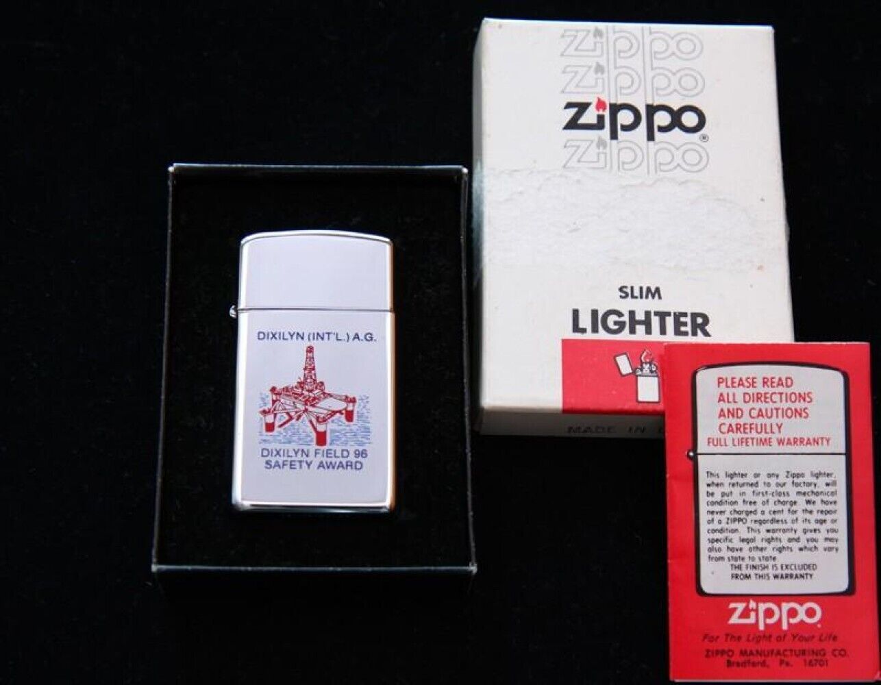 Vintage Zippo Slim 1981 DIXILYN (INT’L) A.G. Silver Oil Lighter w/ Box Unfired