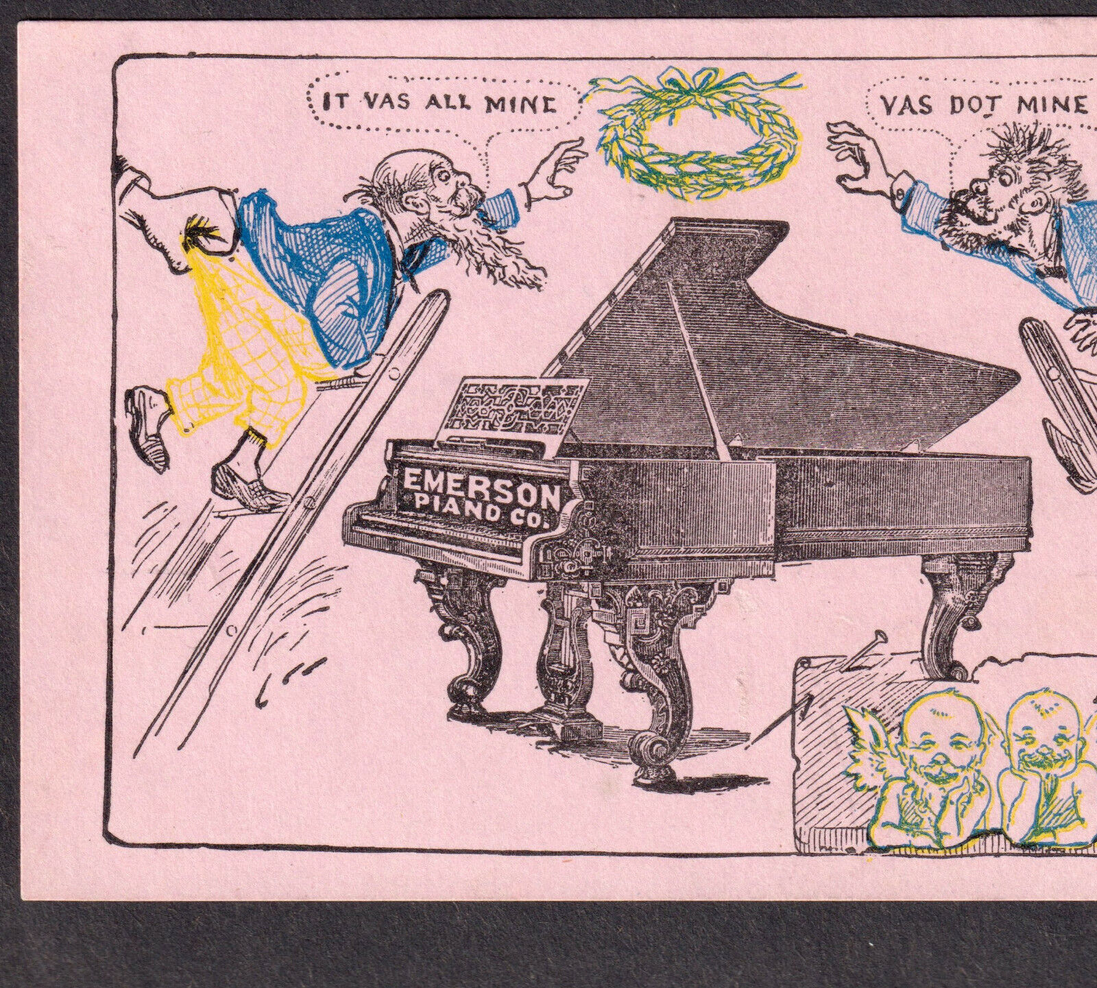 Emerson Piano 1800\'s German ethnic Cherub comic Victorian Advertising Trade Card