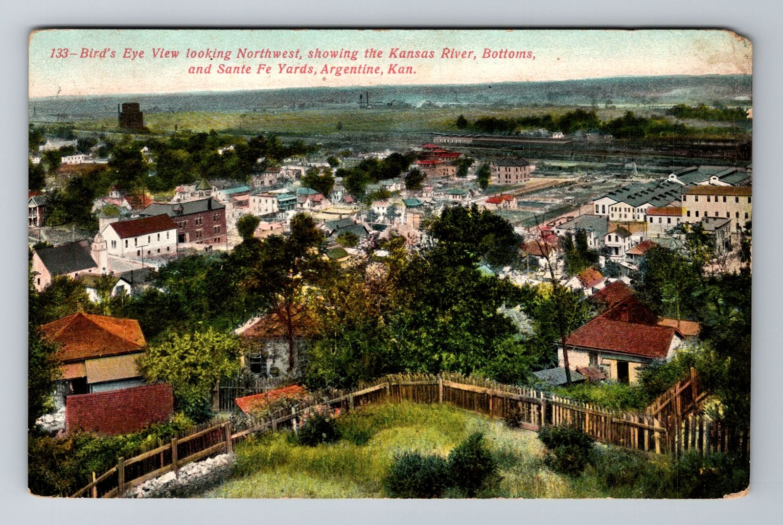 Argentine KS-Kansas, Aerial Northwest, Kansas River, Vintage c1910 Postcard