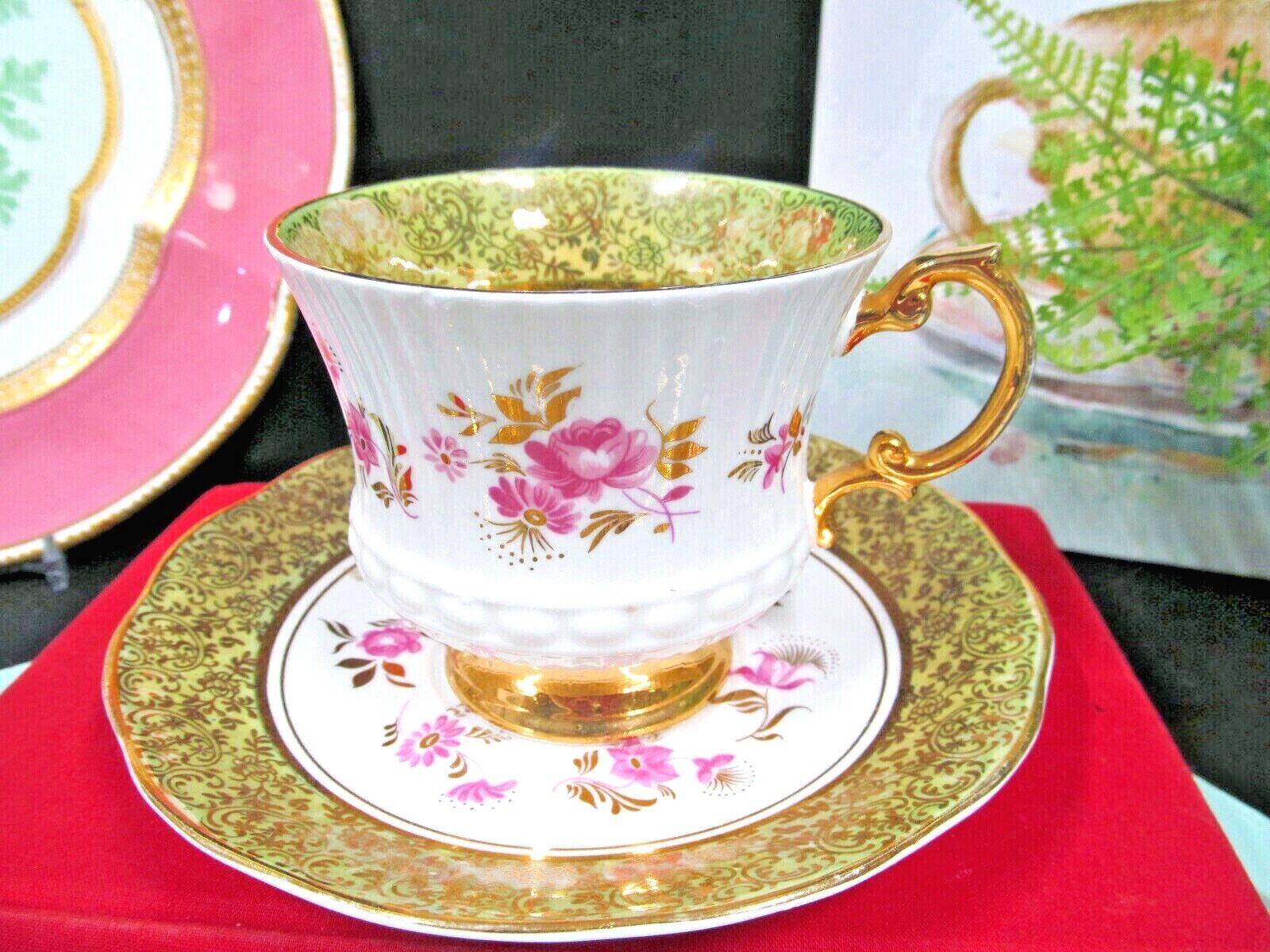 ROSINA tea cup and saucer PINK ROSE lime band gold gilt teacup England 1940s