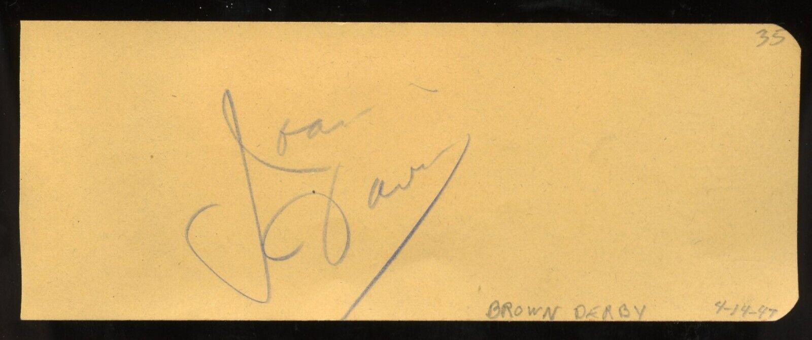 Joan Davis d1961 signed 2x5 cut autograph on 4-14-47 Brown Derby Restaurant LA