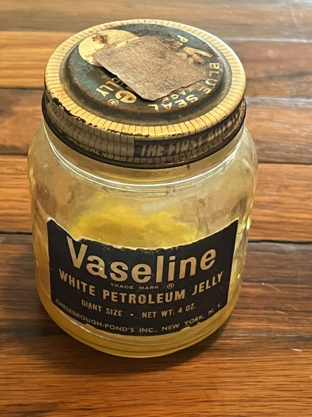 Vintage Vaseline White Petroleum Jelly Glass Jar Blue Label Giant Size 4 OZ Jar