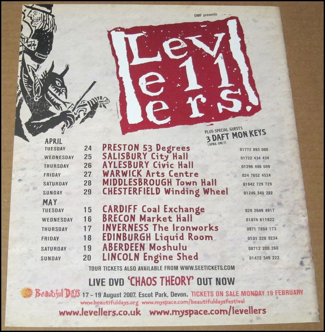 2007 The Levellers Concert Tour Print Ad Advertisement Page UK 3 Daft Monkeys