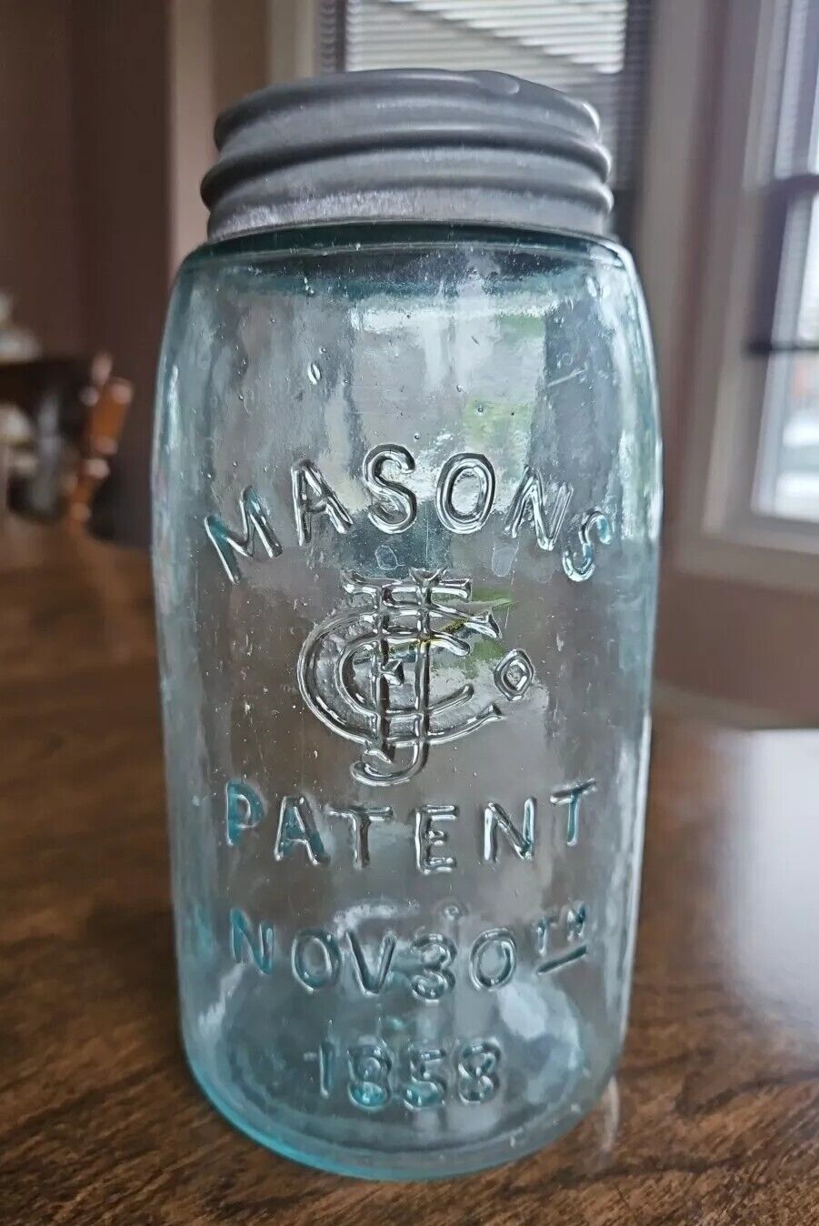 Mason's Jar Early Antique Light Green CFJ Patent Nov 30th 1858 D350 on Bottom