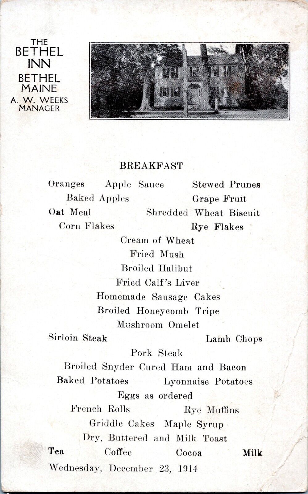 1914 Breakfast Menu - The Bethel Inn, Bethel Maine- 4.25 x 7 inches - Blank Back