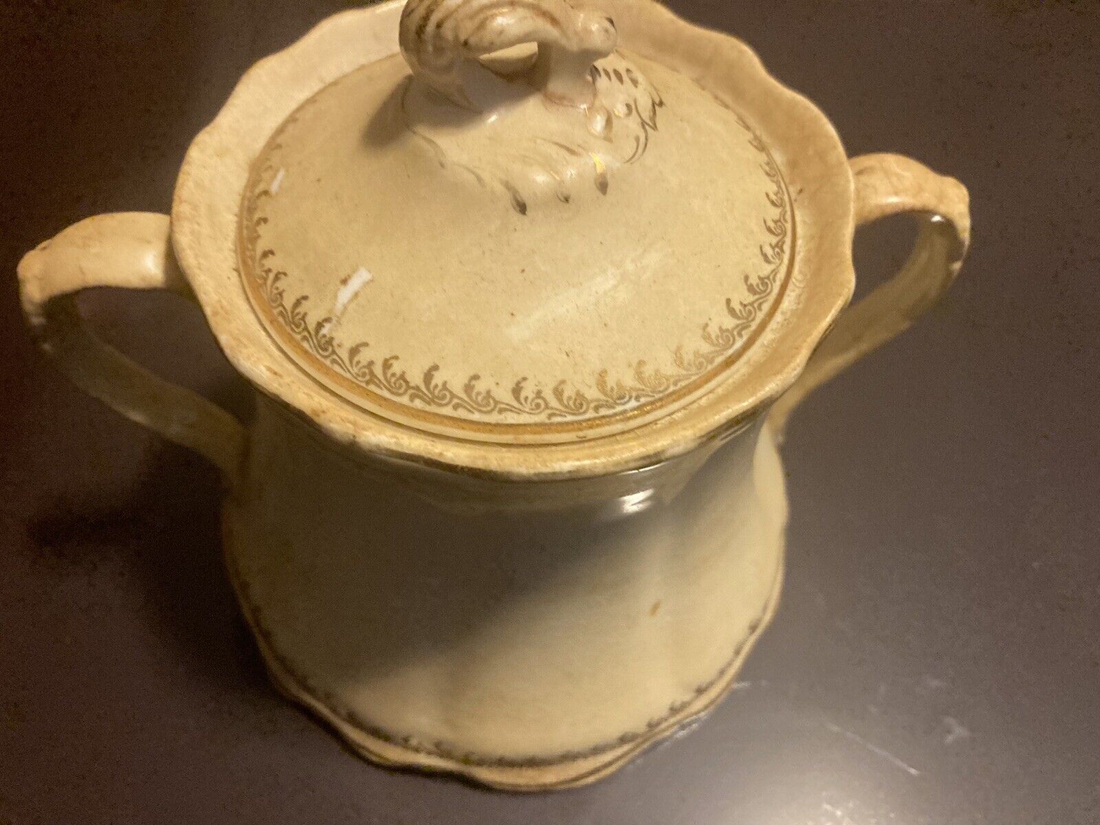 Antique Homer Laughlin Sugar Bowl.  White with Gold Trim