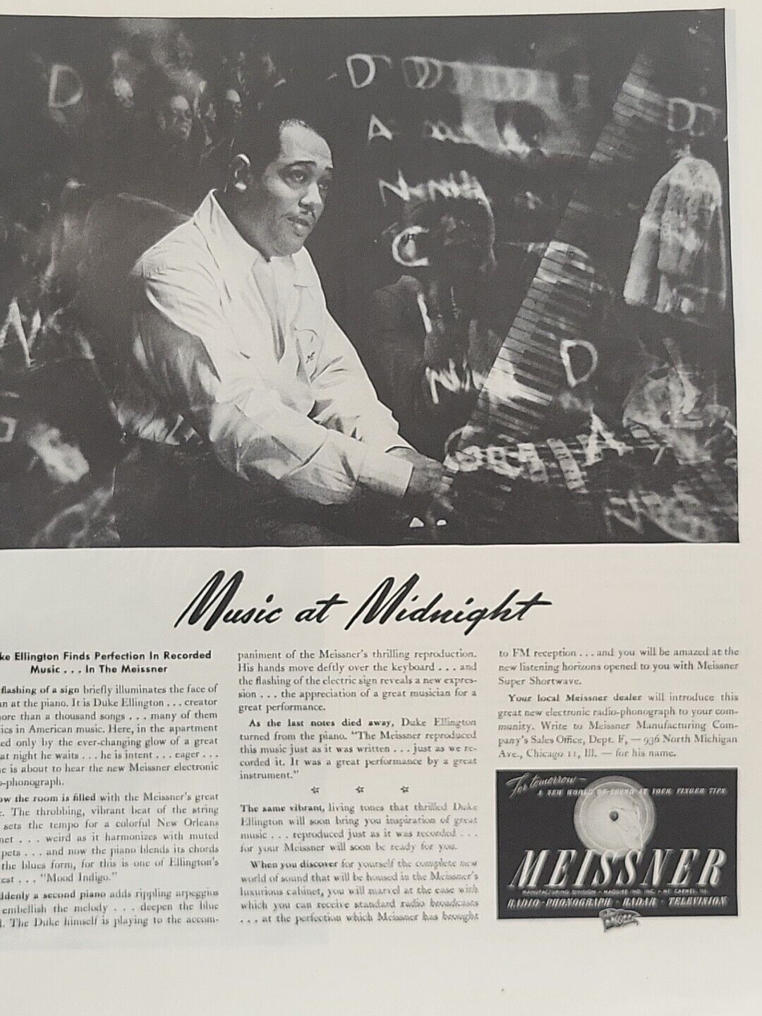 1945 Duke Ellington Meissner Manufacturing Fortune WW2 Print Ad Music Midnight