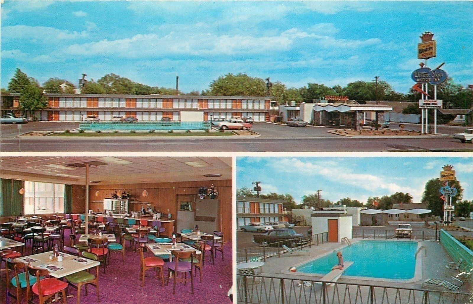 Dalhart TX~1950s Cars, Boy on Diving Board Swimming @ Western Skies Inn~Postcard