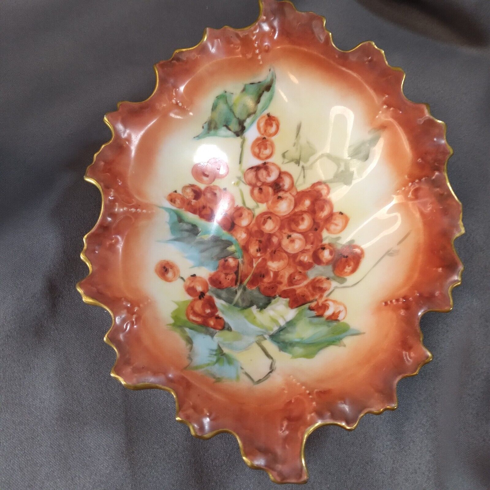 Antique Leaf Dresser Vanity Dish w Berries Rust and Gold Scalloped Edge Signed