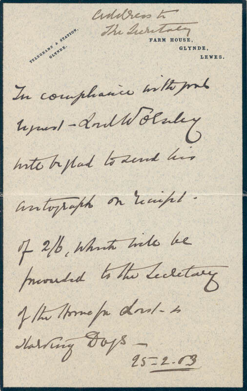 VISCOUNT GARNET JOSEPH WOLSELEY - AUTOGRAPH SENTIMENT SIGNED 02/25/1913