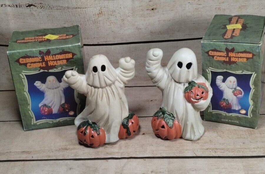 Vtg Hermitage Pottery Ghost w/ Pumpkins Set Votive Tea Light Holder Halloween 