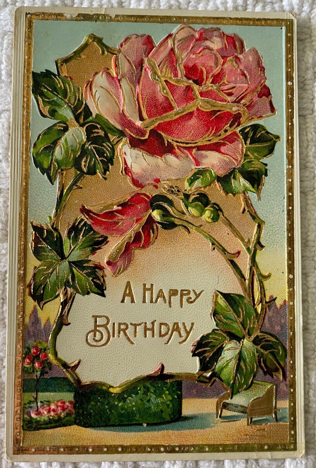 Vintage Birthday Greetings postcard Pink Roses heavy gold gilt inlay