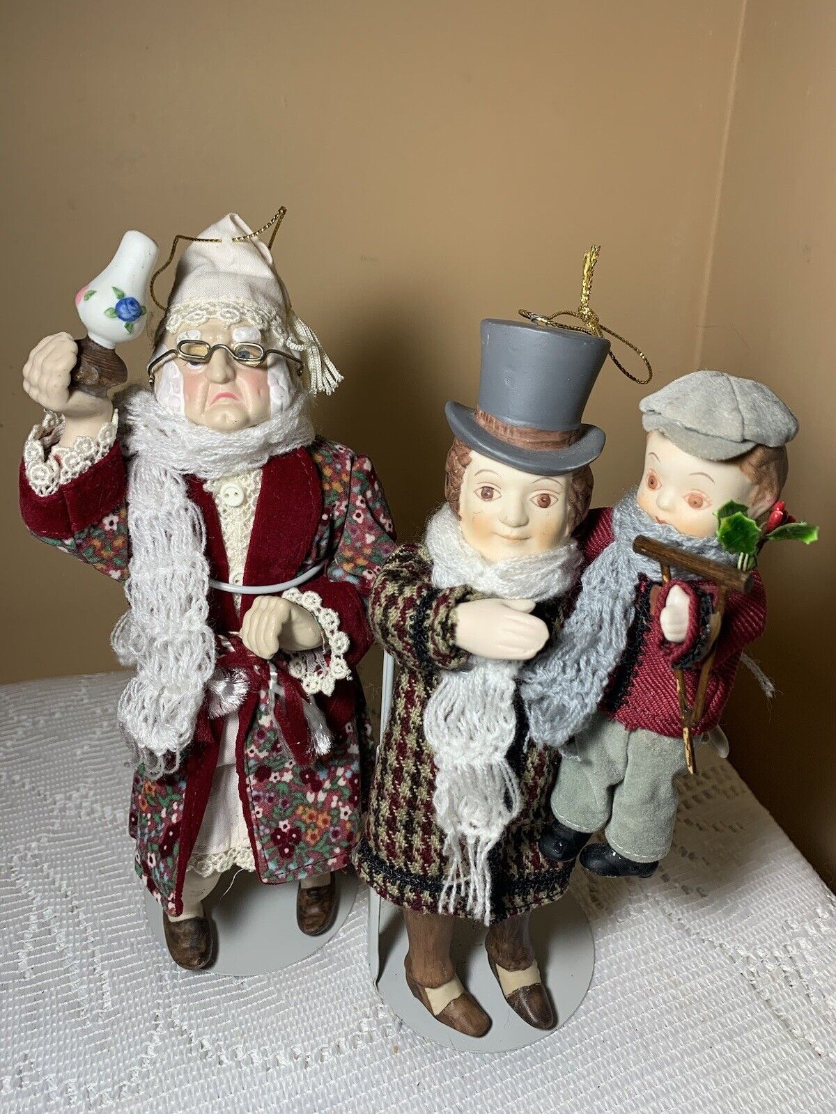 Kurt Adler Ebenezer Scrooge & Bob Crachit with Tiny Tim Porcelain Ornaments