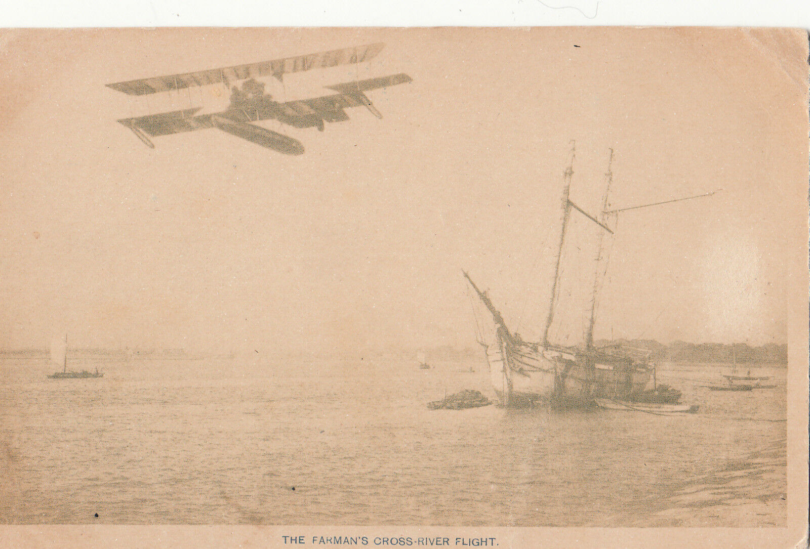 Postcard 1919 Farman\'s Cross River Flight showing bi-plane aeroplane over ship