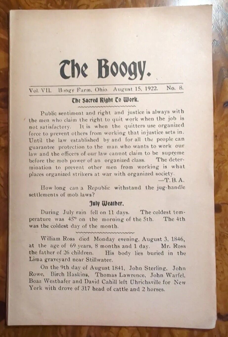THE BOOGY R W Hinds New Port Tracy P O Ohio Tuscarawas 1922 Issue 8 ORIGINAL