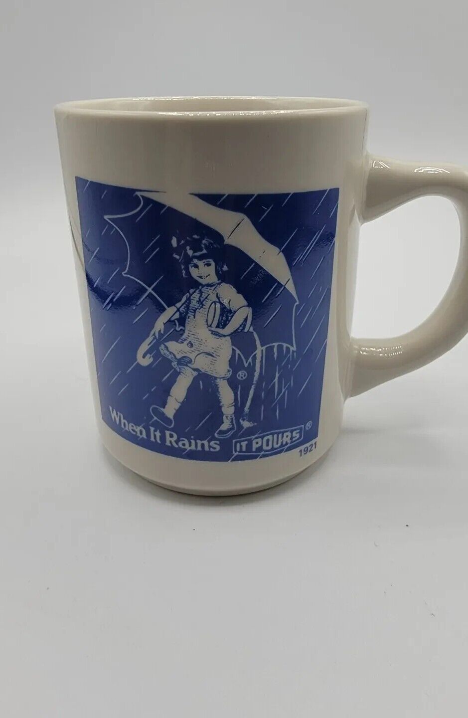 1921 Mortons Salt Coffee Mug When It Rains It Pouts Girl Retro Logo Advertising 