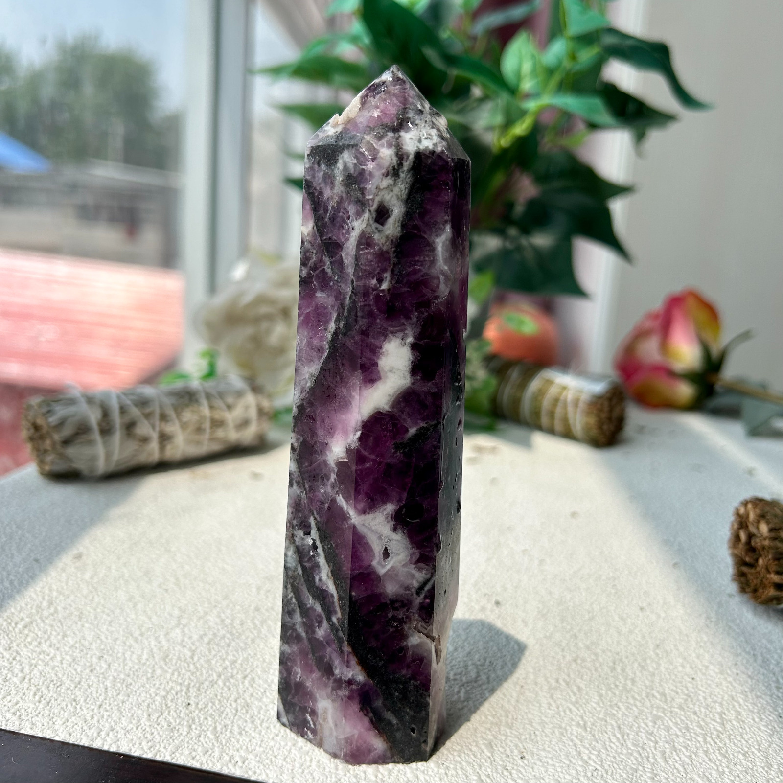 390g Natural Purple Druzy Sphalerite Quartz Crystal Tower energy healing 3th