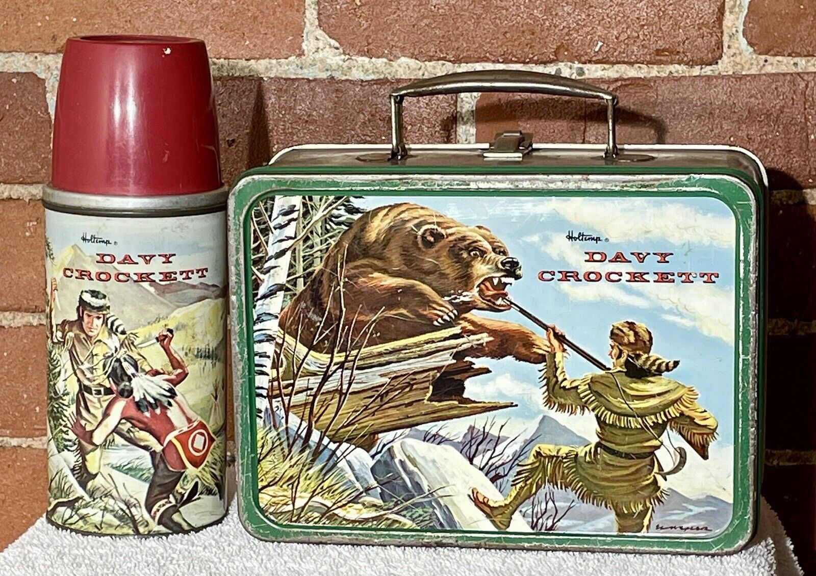 Rare Vintage Davy Crockett 1950's Collectible Metal Lunchbox Kit And Thermos