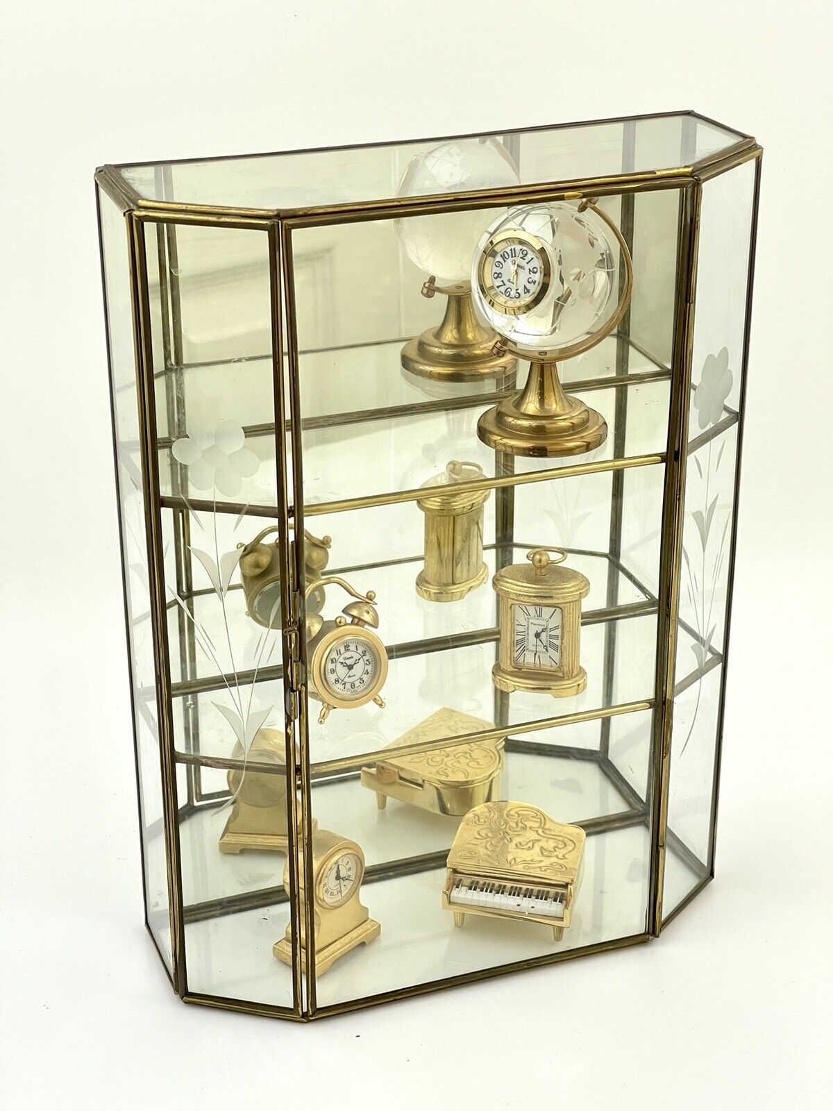 Vintage Etched Glass Brass Display Case Curio Cabinet Wall Shelf Miniature Clock