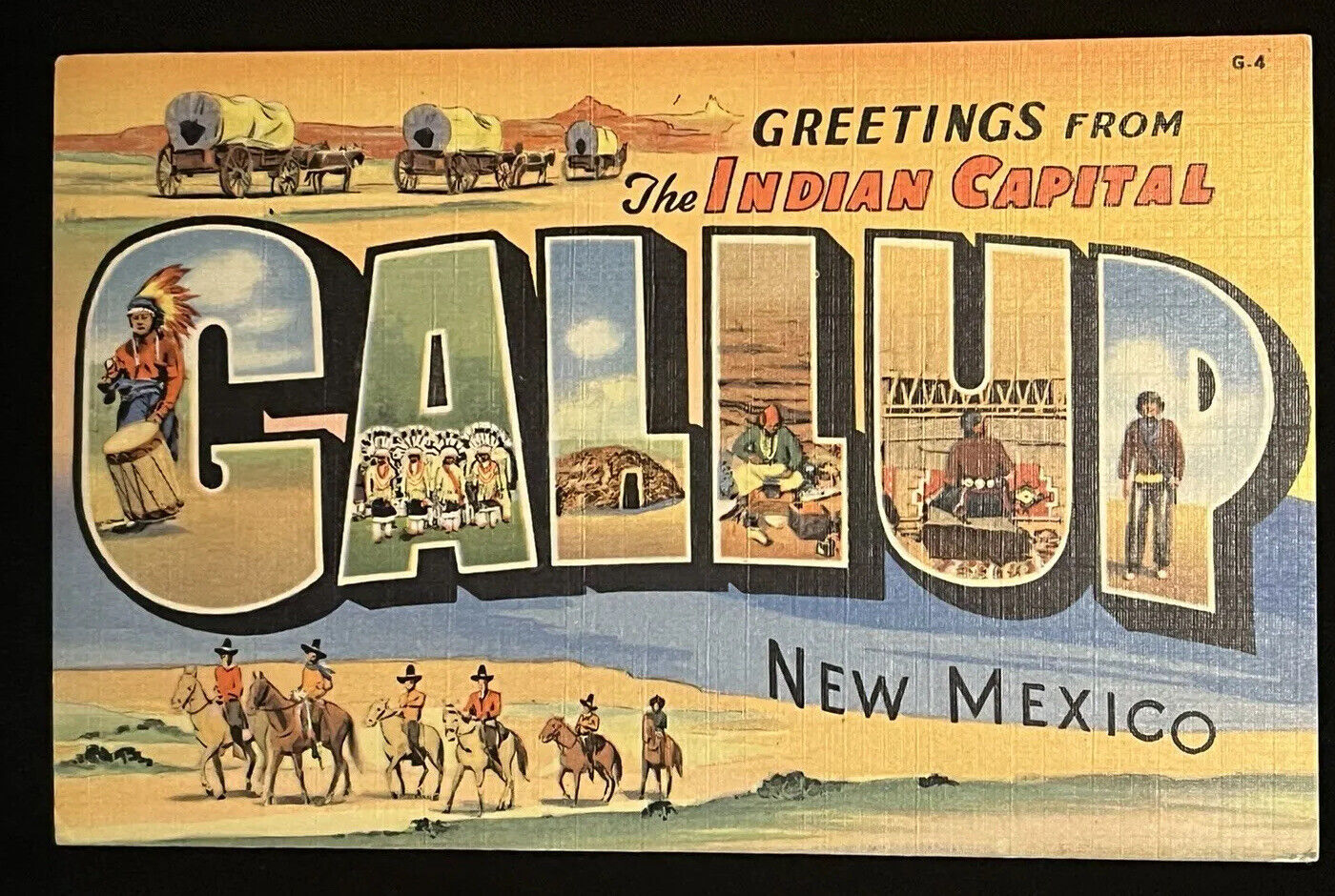 Gallup New Mexico Large Letter Greetings Wagons Cowboys NM Postcard c1930