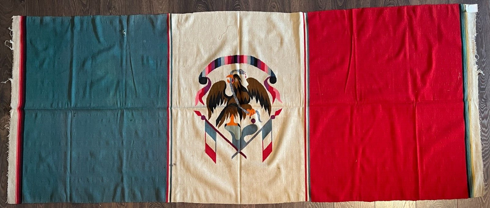 Large Antique 1930s Mexican National Flag Blanket Rug Tapestry, 91 x 37 inches