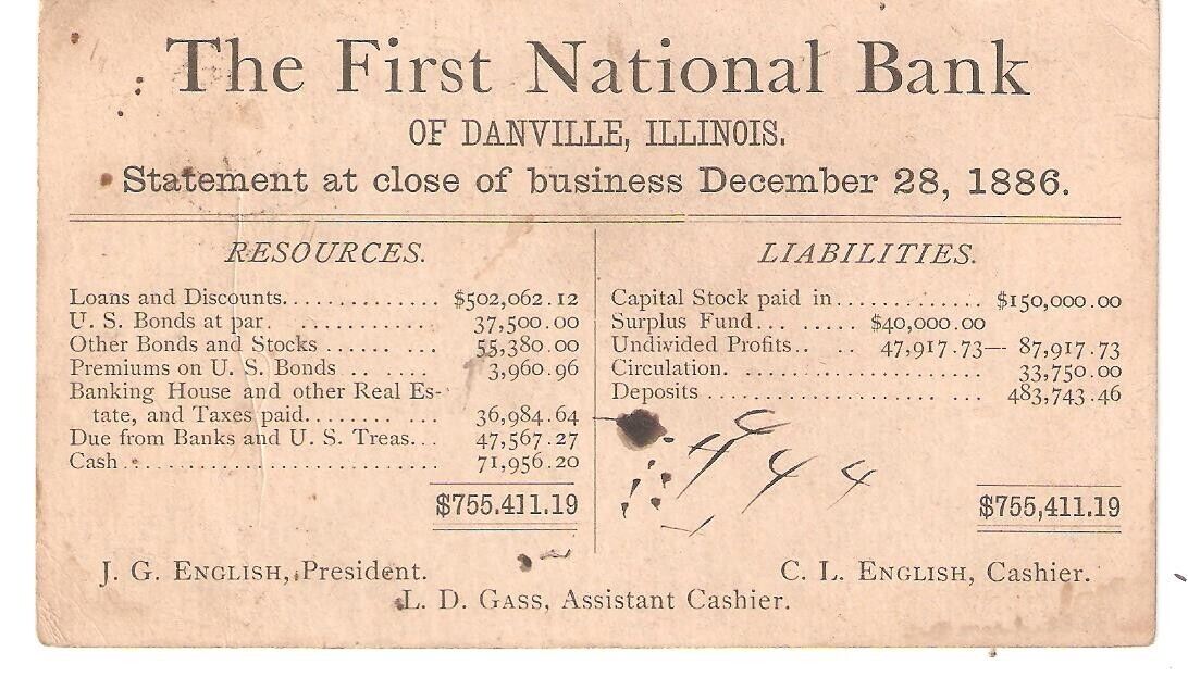 POSTAL CARD - FIRST NATIONAL BANK, DANVILLE, IL, 1886