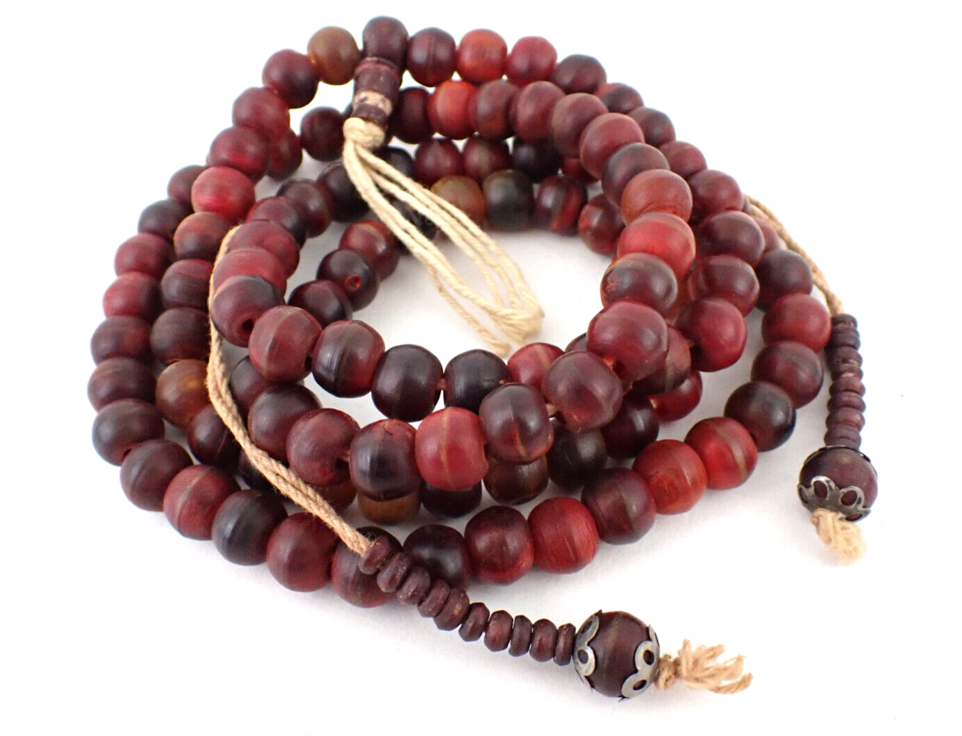 Antique Tibetan Prayer Beads Carved Cherry Amber Round Beads w/Wooden Counters