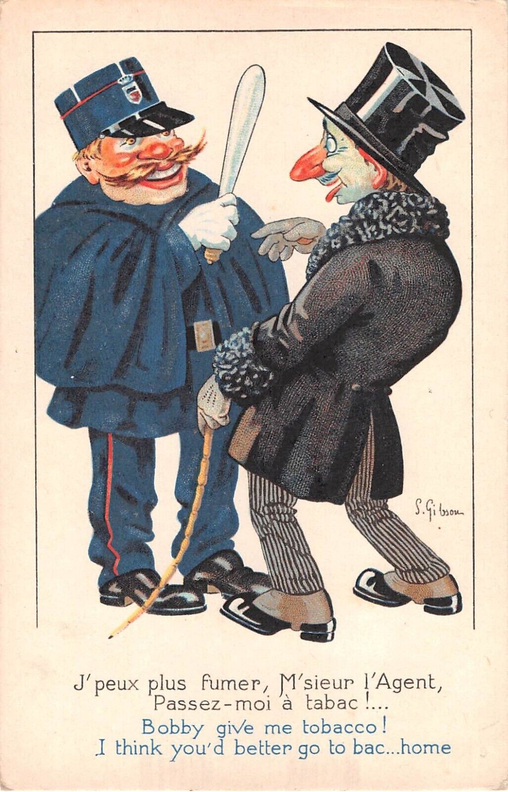 Comic Old French PC-Drunk Man With Big Nose Asks Policeman For Tobacco-S. Gibson