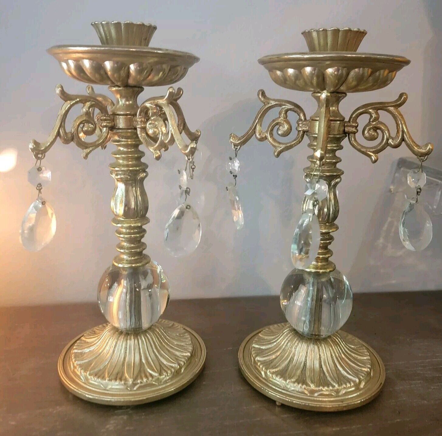 Vintage Dilly Gold Metal Crystal Glass Candlestick Holders Hollywood Regency 