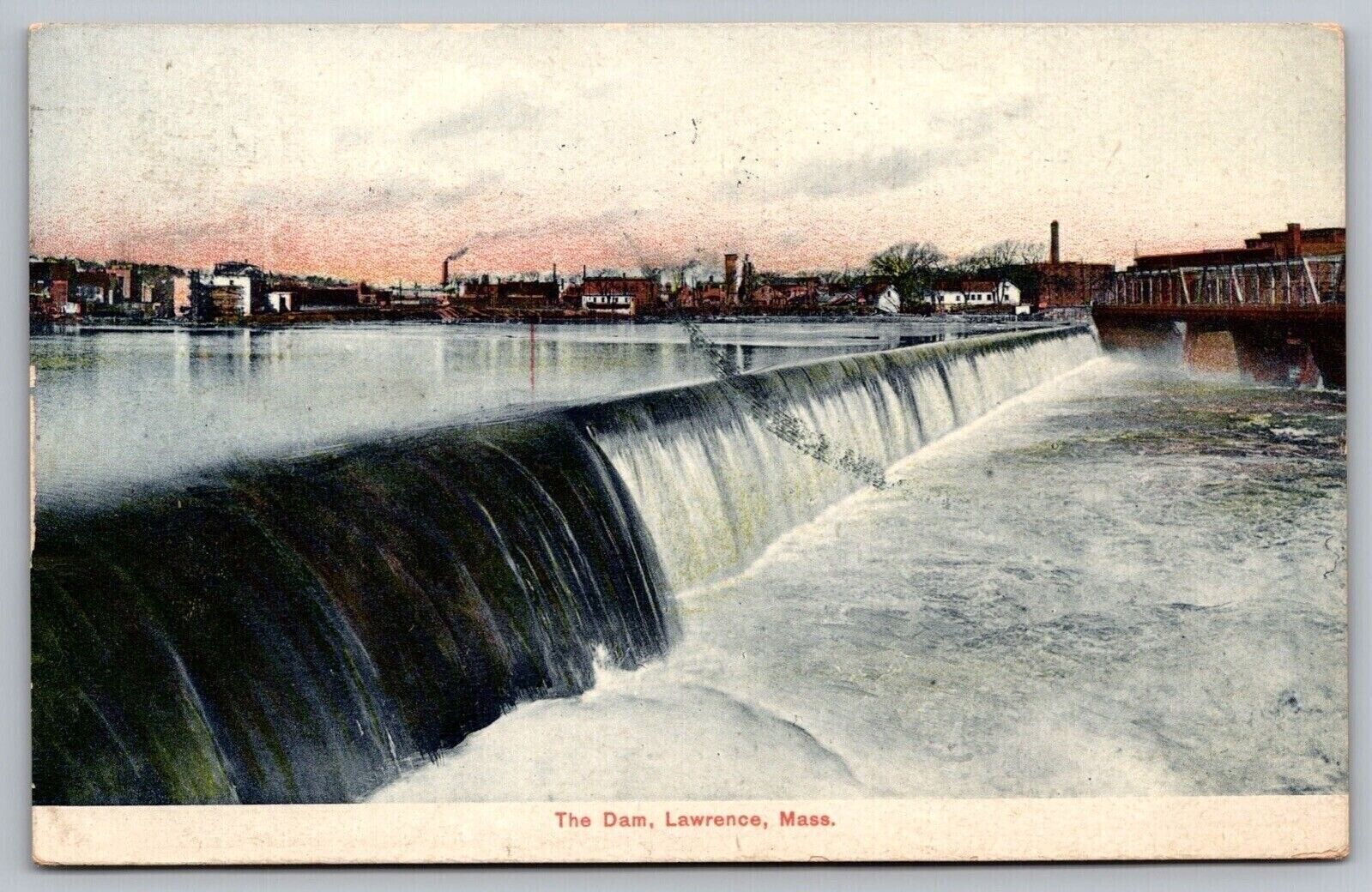 Dam Lawrence Massachusetts Waterfall Bridge Mass MA Cancel 1910 Antique Postcard