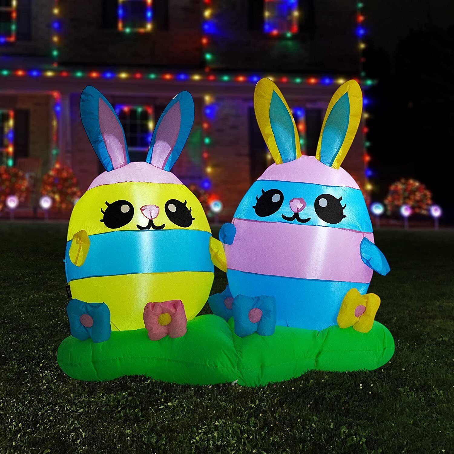 4ft Height Inflatable 2 Easter Bunny Pastel Rabbit Eggs LED Lighted Blow up Deco