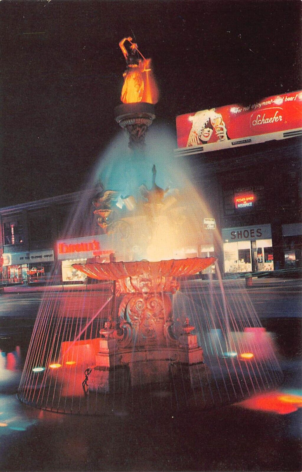 Watertown NY New York Night View Neon Fountain Public Square Vtg Postcard N3