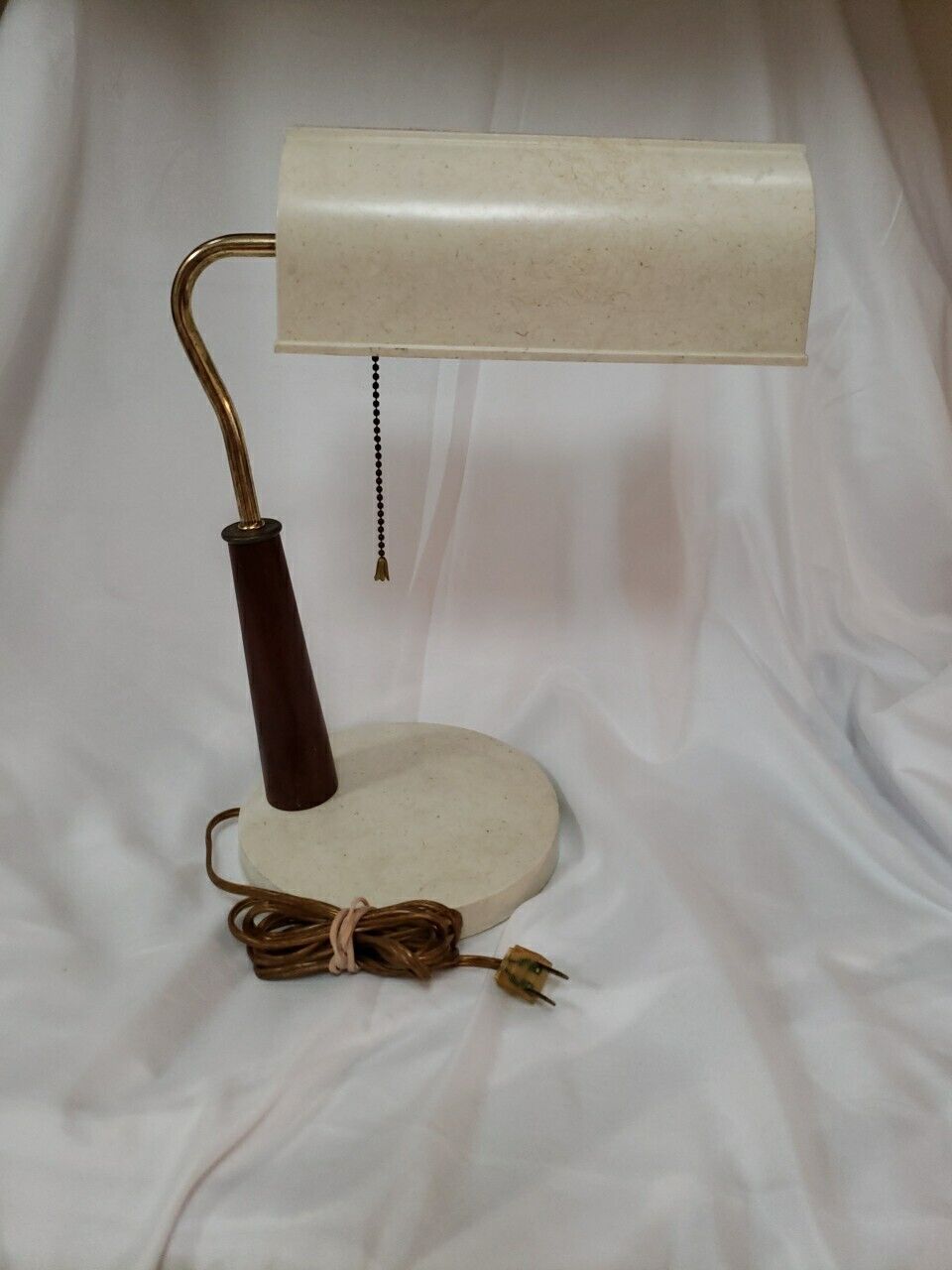 Mid-Century Desk Reading Lamp Teak Wood & Brass Fiberglass Shade & Base Vintage