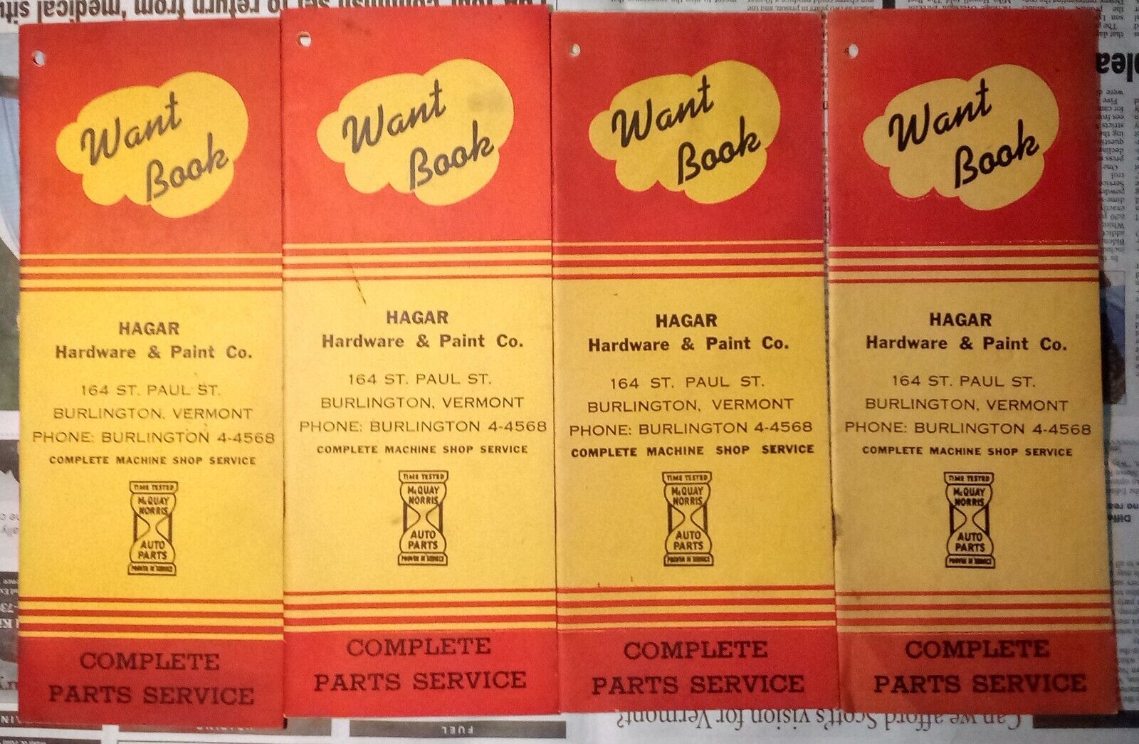(4) Vintage - Hagar Hardware & Paint Co. Want Book, Burlington, Vermont