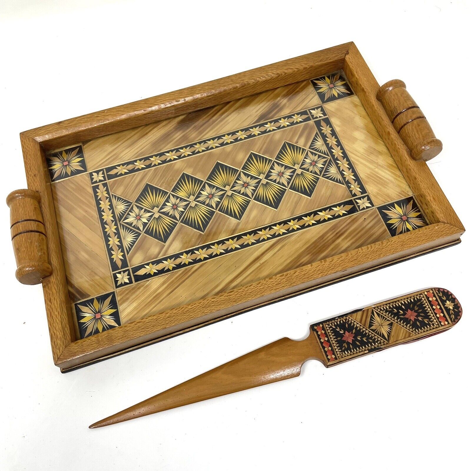 Vtg Marquetry Tramp Art Letter Tray Glass Geometric Matchstick Wood Inlay Opener
